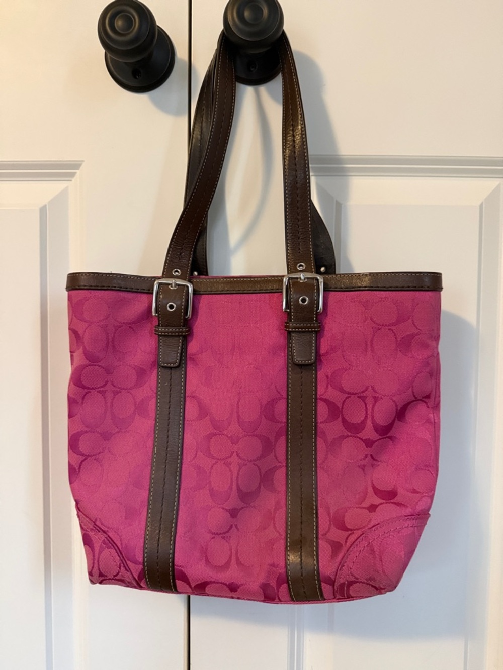 Coach Pink Signature Canvas Tote with Brown Leather Straps